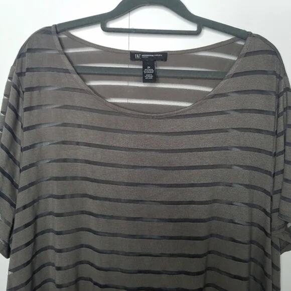 INC International Concepts Olive/Brown Sheer Stripe Tee Size M - Picture 1 of 8